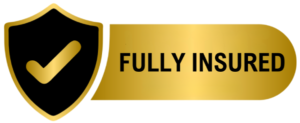 Gold shield badge with a checkmark and the words “Fully Insured,” showing handyman service coverage and reliability